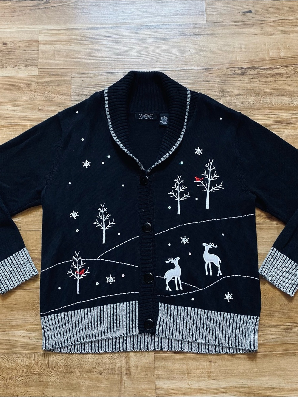 VTG Crystal Kobe Women's XL Black Ugly Christmas Cardigan Sweater Deer Snowflake